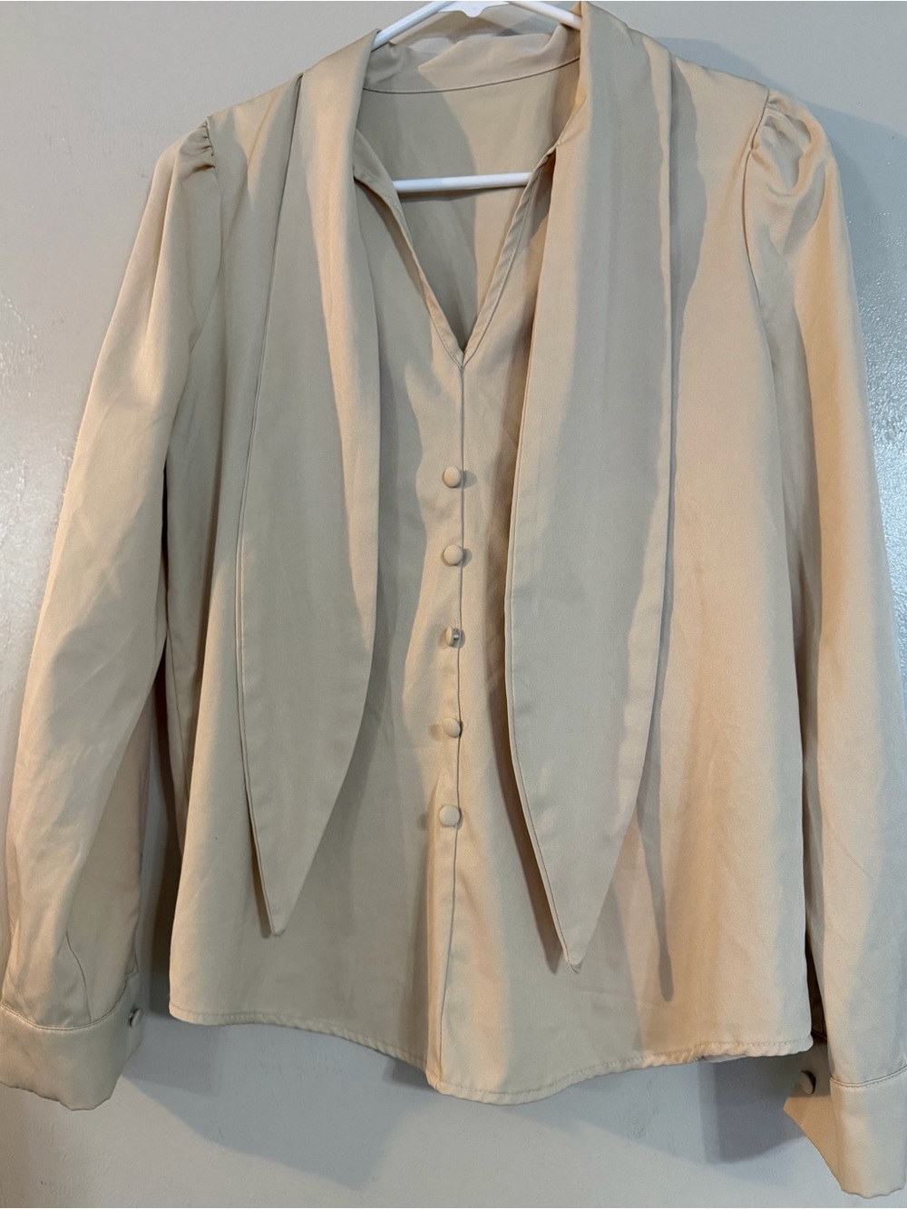 Chic Cream Button-Front Blouse with Tie Detail